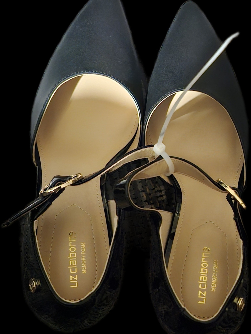 Liz Claiborne Black Pointed-Toe Ankle-Strap Pumps with Gold Buckle